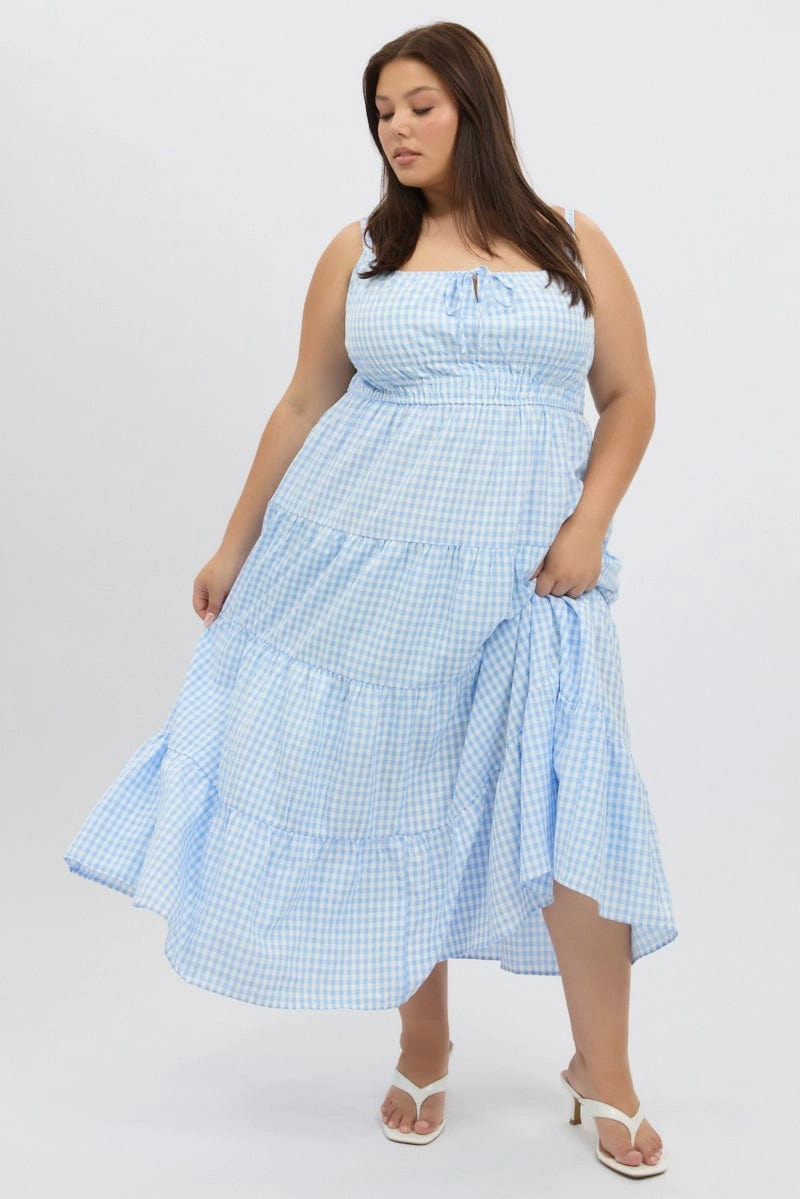 Fall Tone Rhinestone-Detail Blue Check Midi Dress Sleeveless Tiered