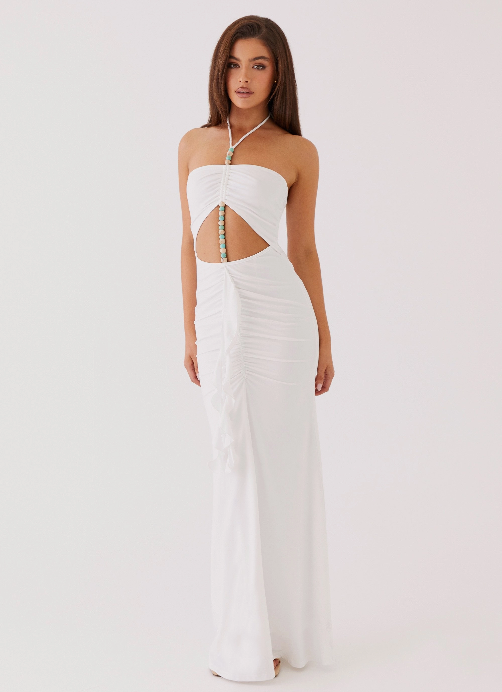 Serina Ruffle Maxi Dress - White Crystal-Detail Cozy Base