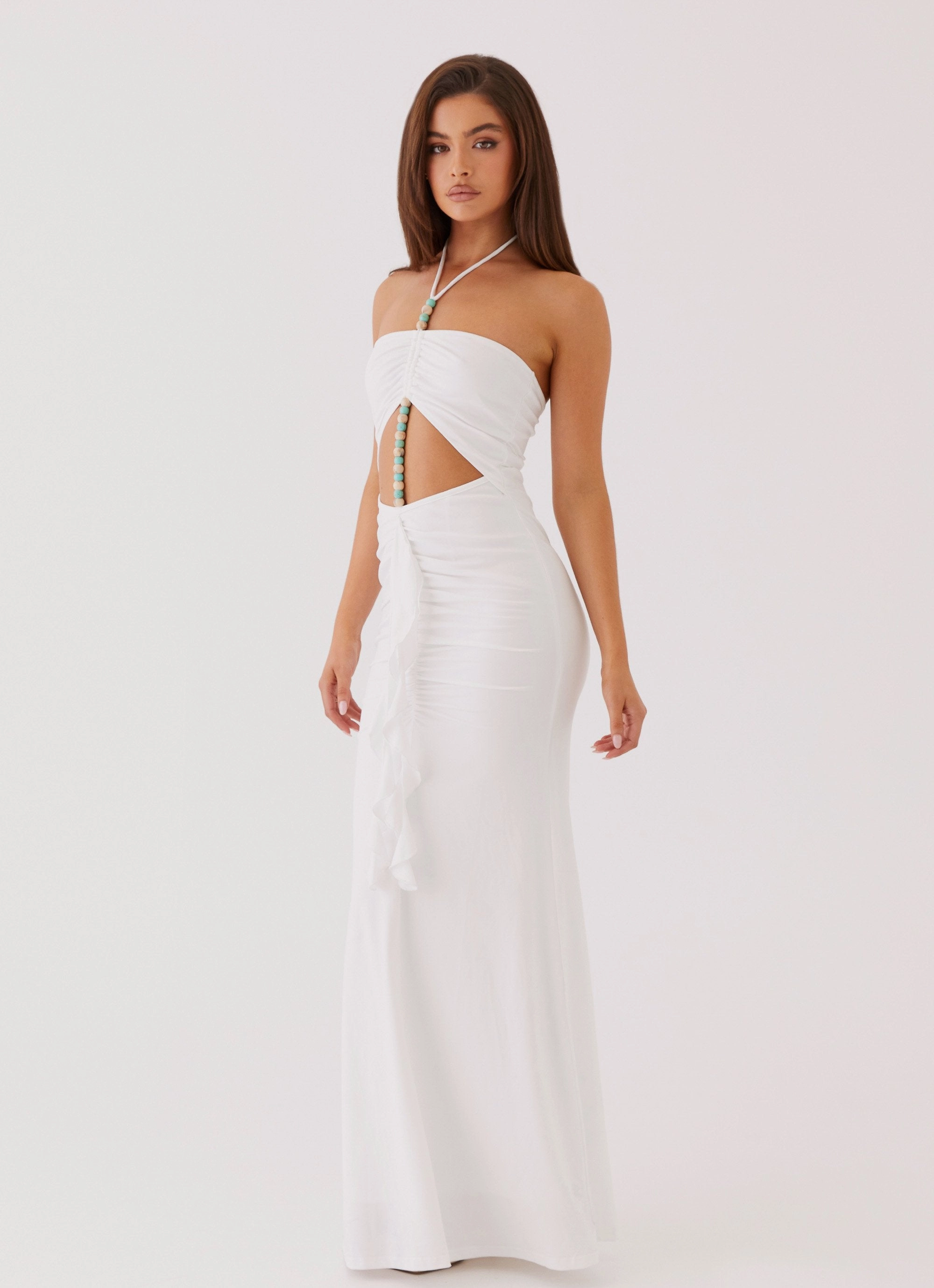 Serina Ruffle Maxi Dress - White Raw-Hem Pure Lines