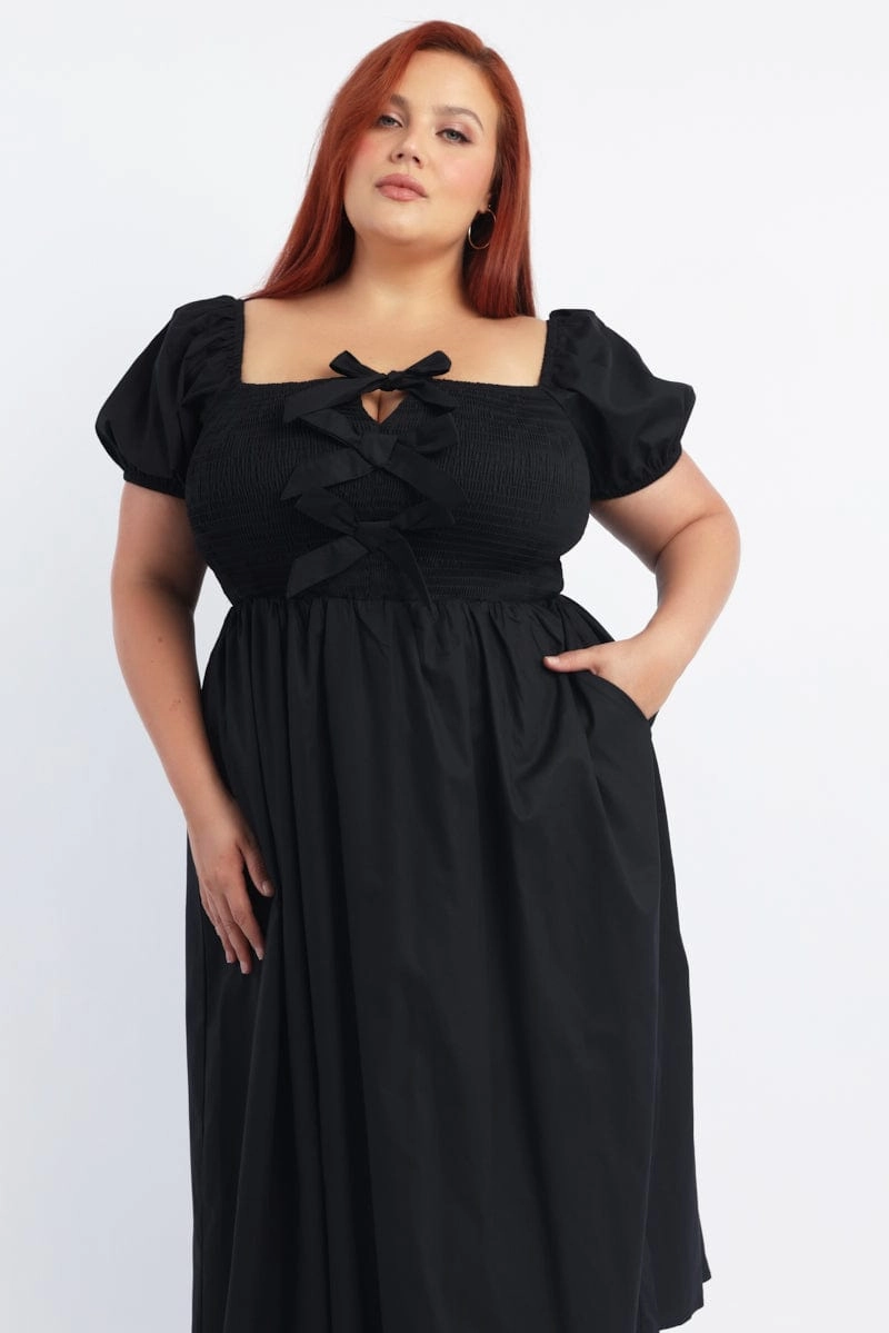 Black Midi Dress Short Sleeve Shirred Body Ribbon Front Mid layer