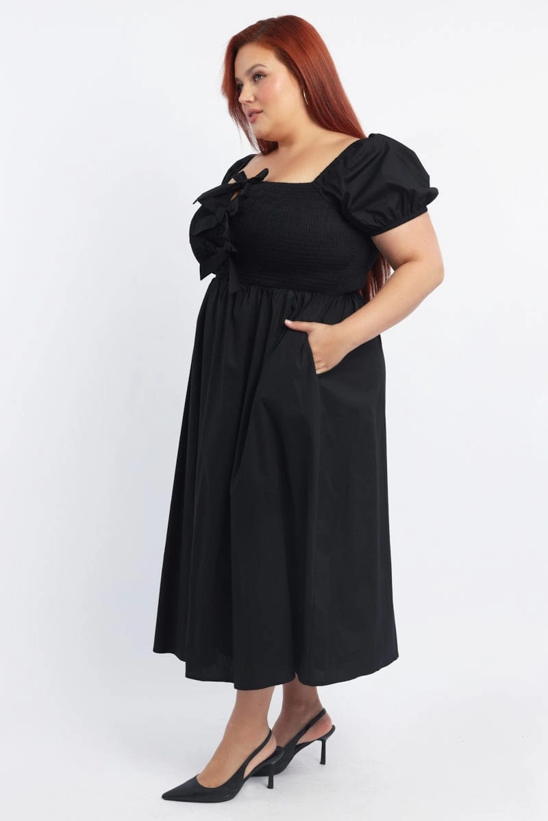 Black Midi Dress Short Sleeve Shirred Body Ribbon Front Comfortable Cut Trendy Appearance