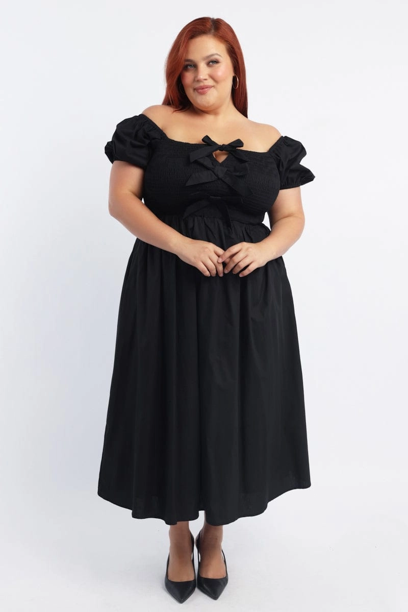 Day Ready Look Black Midi Dress Short Sleeve Shirred Body Ribbon Front
