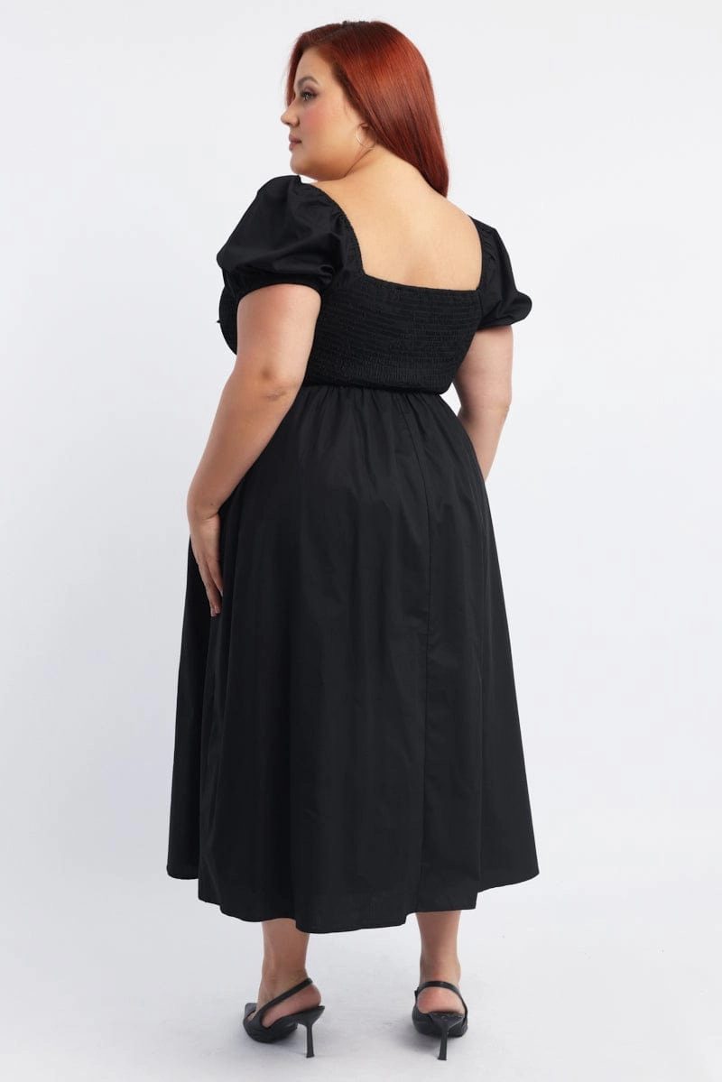 Chic Wear Black Midi Dress Short Sleeve Shirred Body Ribbon Front