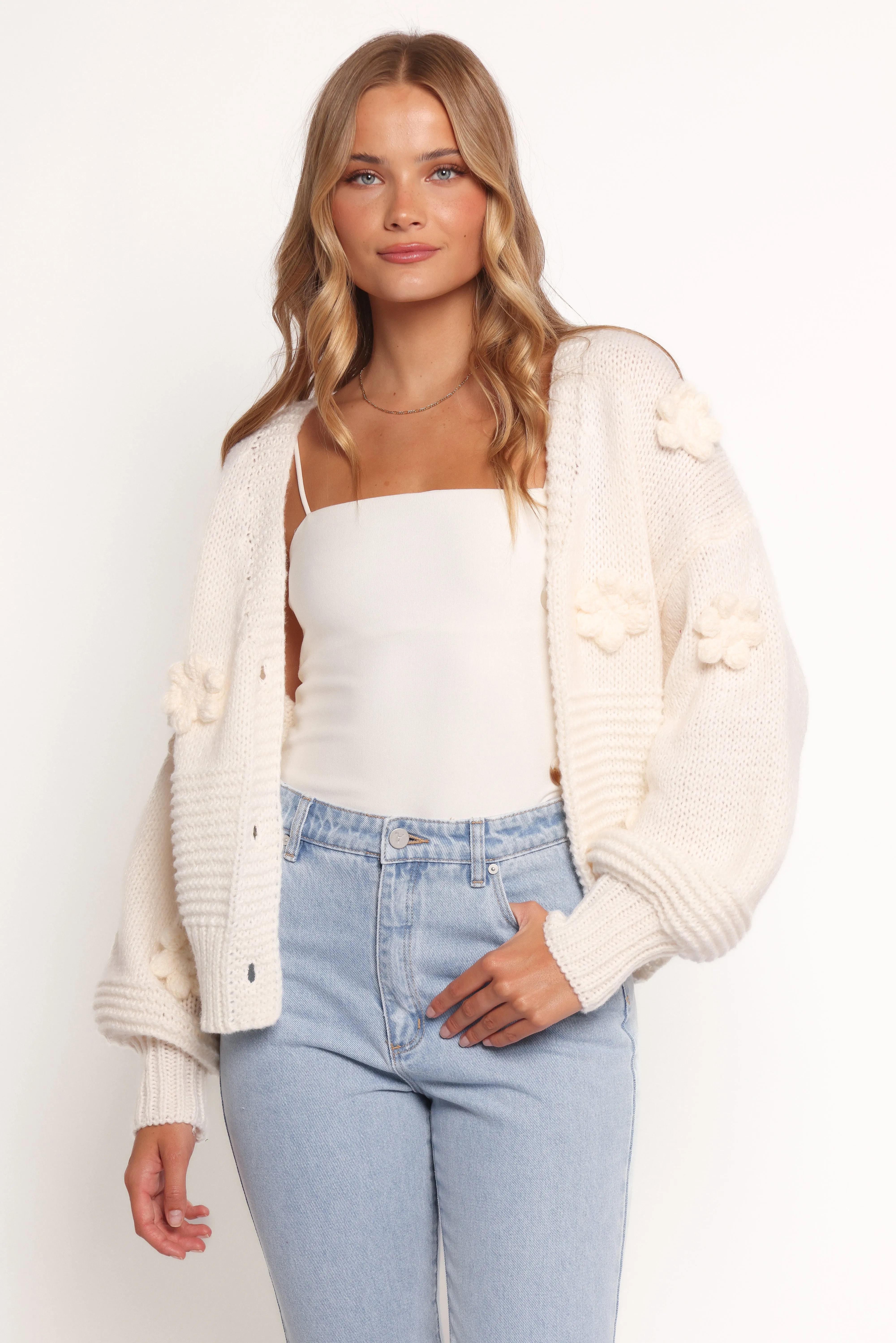 Crewneck Style Harlee Flower Cardigan - White
