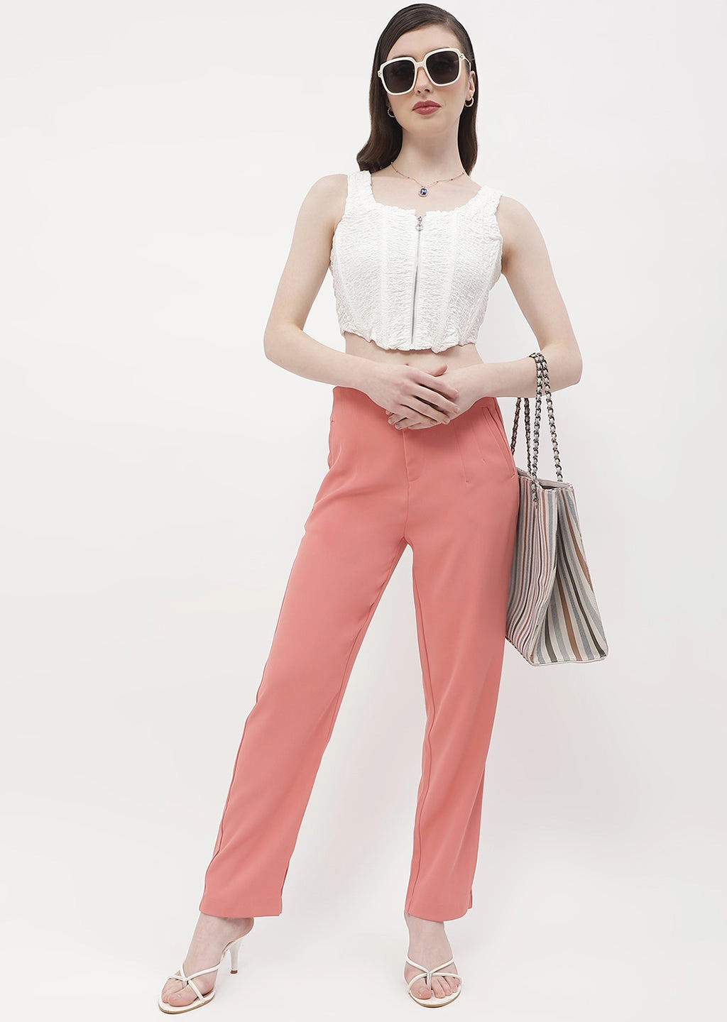Madame Front Pleated Blush Orange Tapered Trousers Minimalist Fit Slim Look