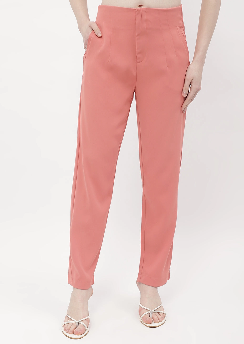 Sporty Style Outdoor Flex Madame Front Pleated Blush Orange Tapered Trousers
