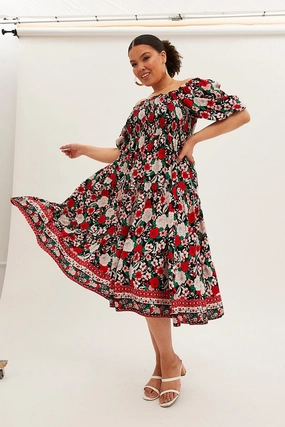 Multi Boho Midi Dress Off Shoulder Tie Back Work or Play