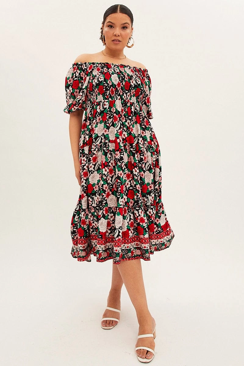 Sleek Tone Multi Boho Midi Dress Off Shoulder Tie Back