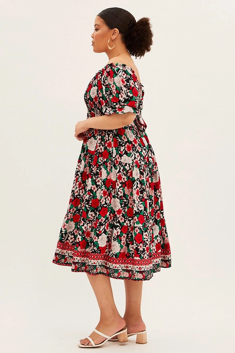 Soft Balance Midnight Mood Multi Boho Midi Dress Off Shoulder Tie Back