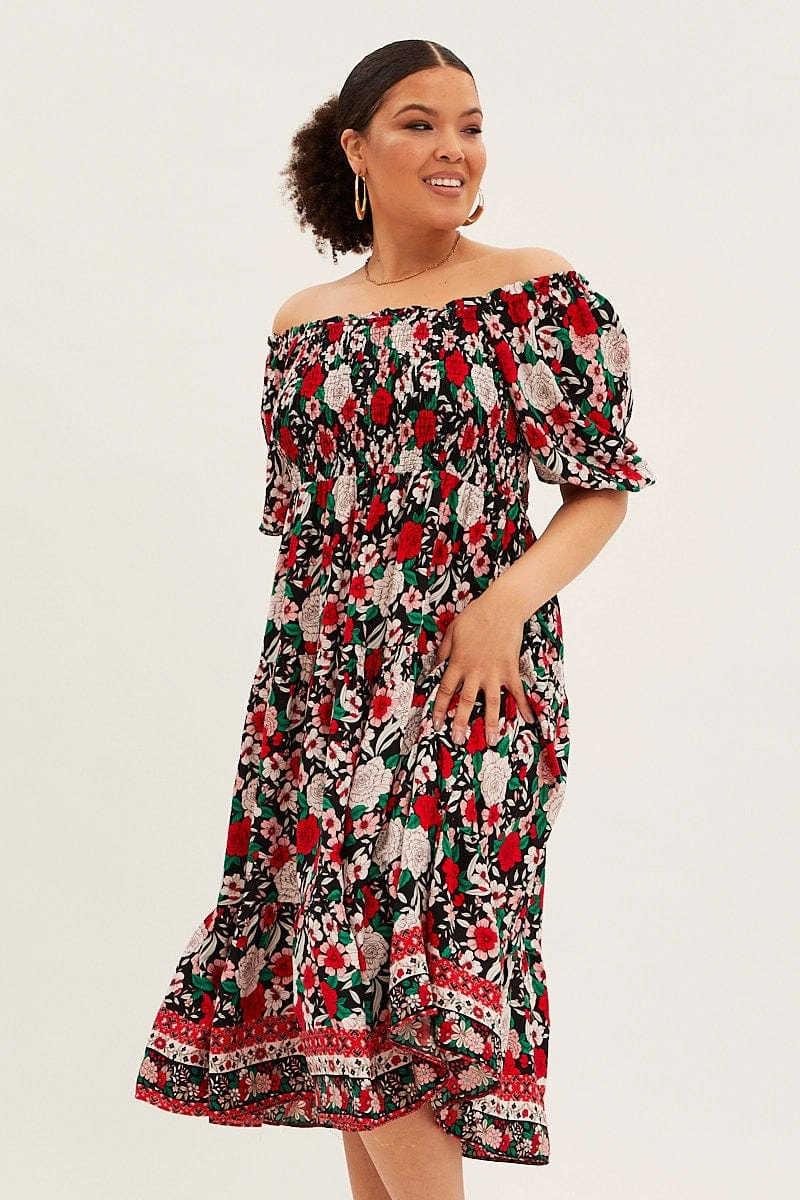 Multi Boho Midi Dress Off Shoulder Tie Back Fresh Color