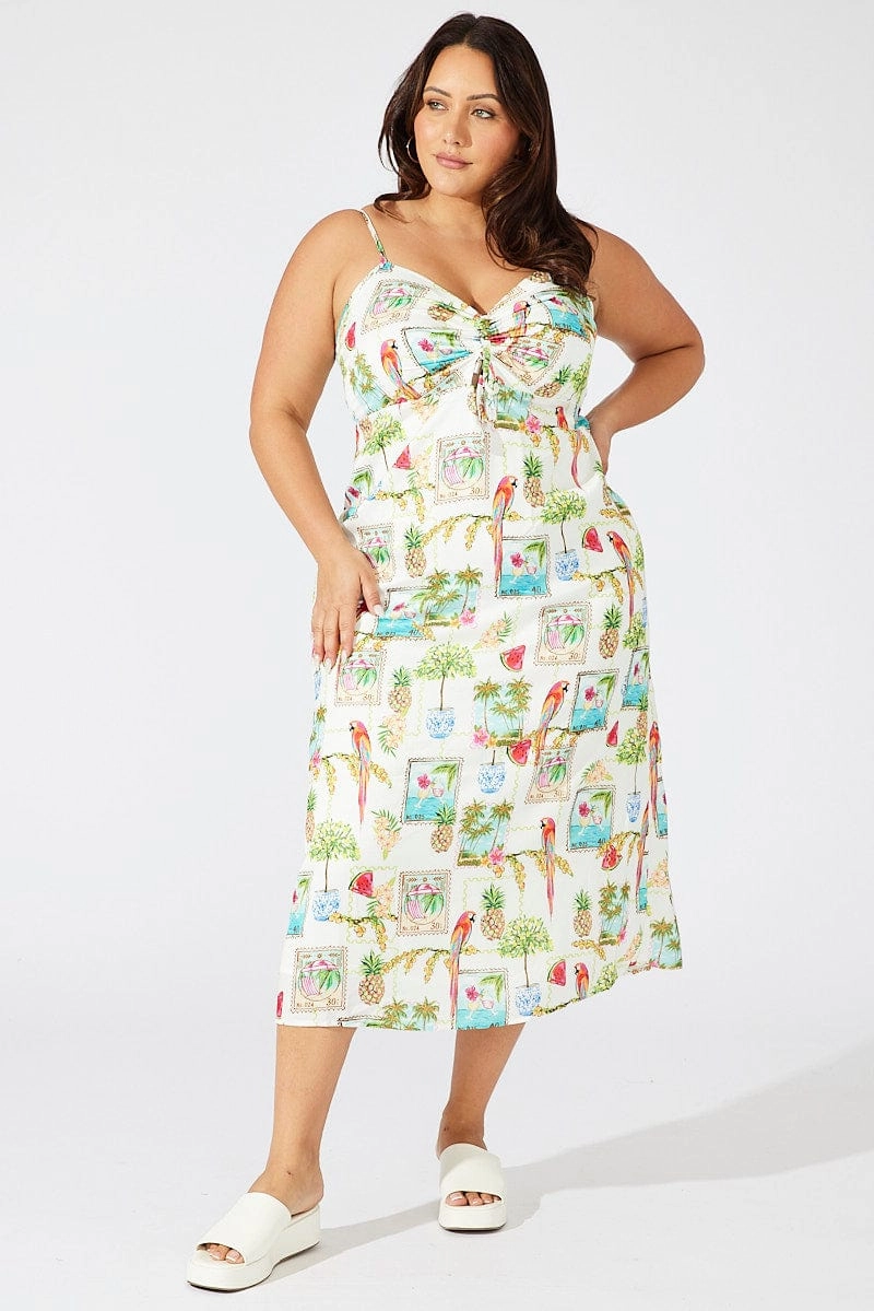 Airy Comfort Multi Abstract Midi Dress Drawstring Front Holiday Print