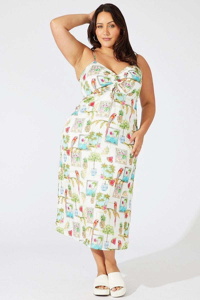 Stylish Waist Fit Smart Fashion Multi Abstract Midi Dress Drawstring Front Holiday Print