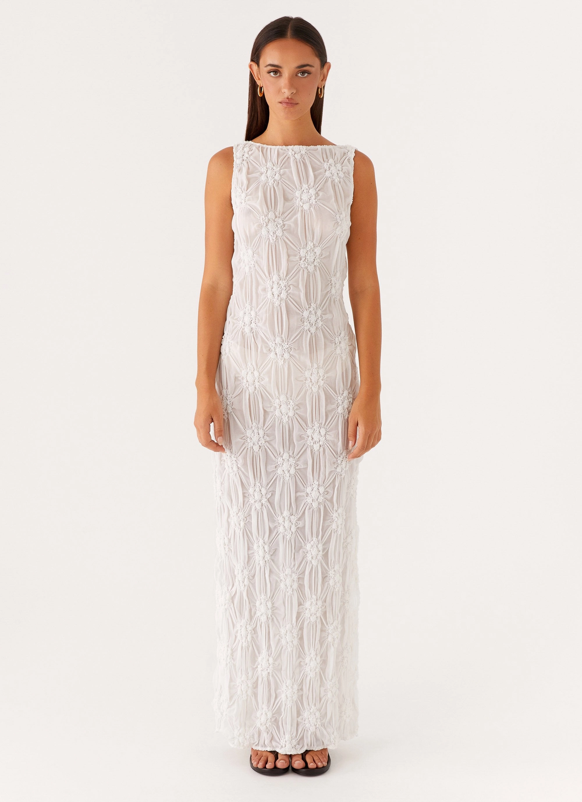 Briar Backless Maxi Dress - Ivory Silky Silhouette Contrast-Piping
