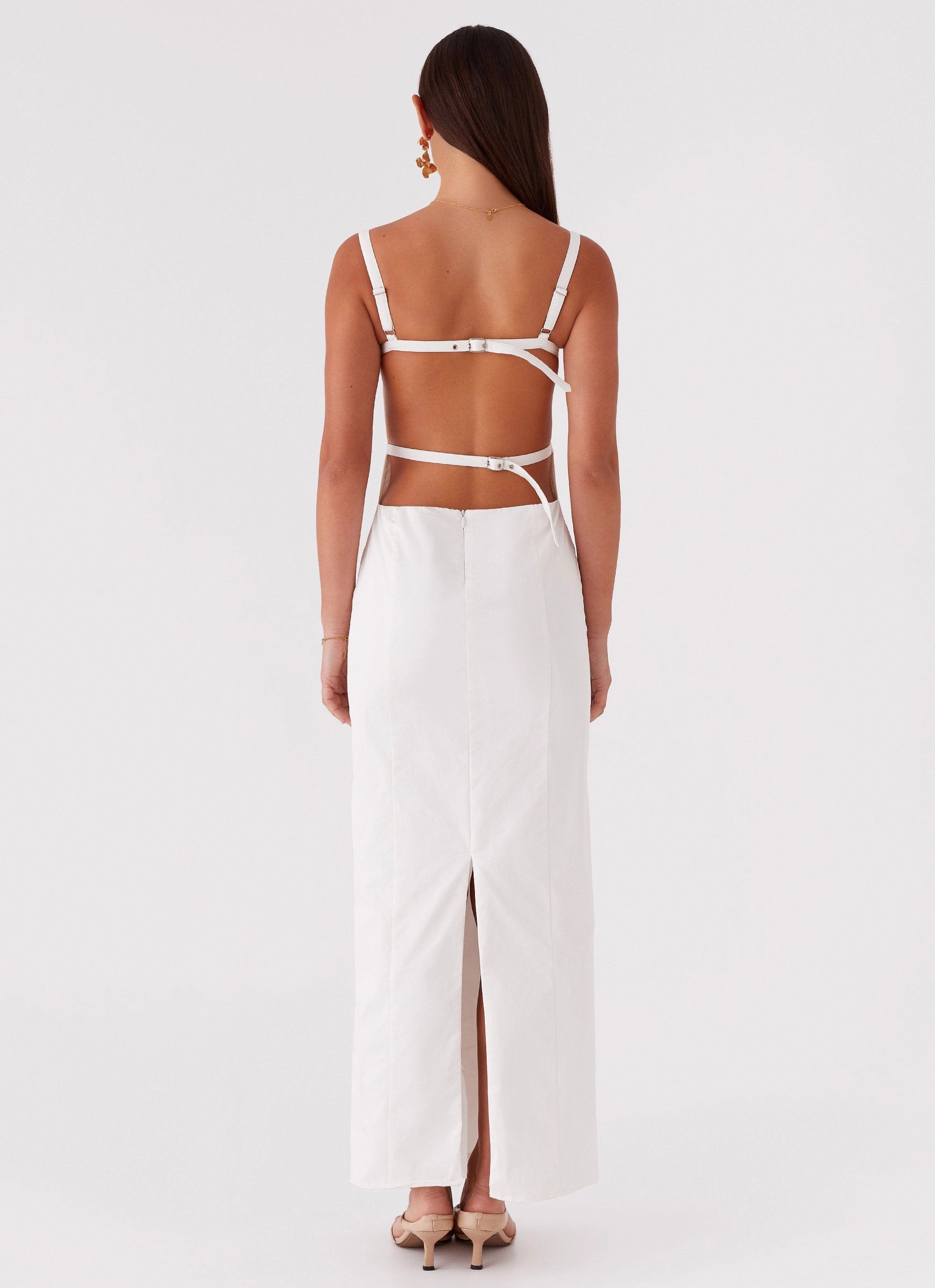 Naomi Backless Maxi Dress - Off White Gathered-Detail Subtle Lines