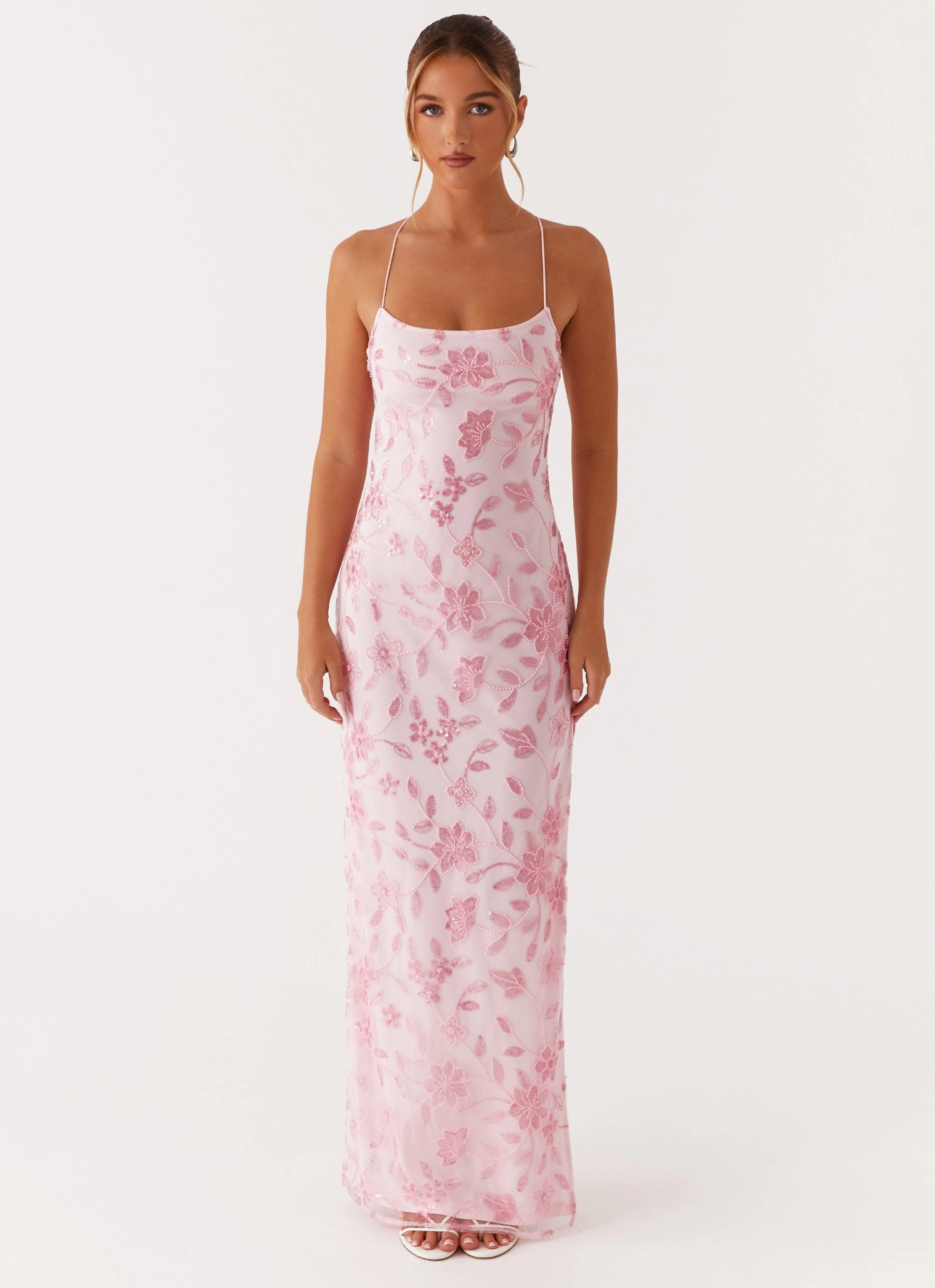 Elastic-Cuff Bright Lights Beaded Maxi Dress - Pink