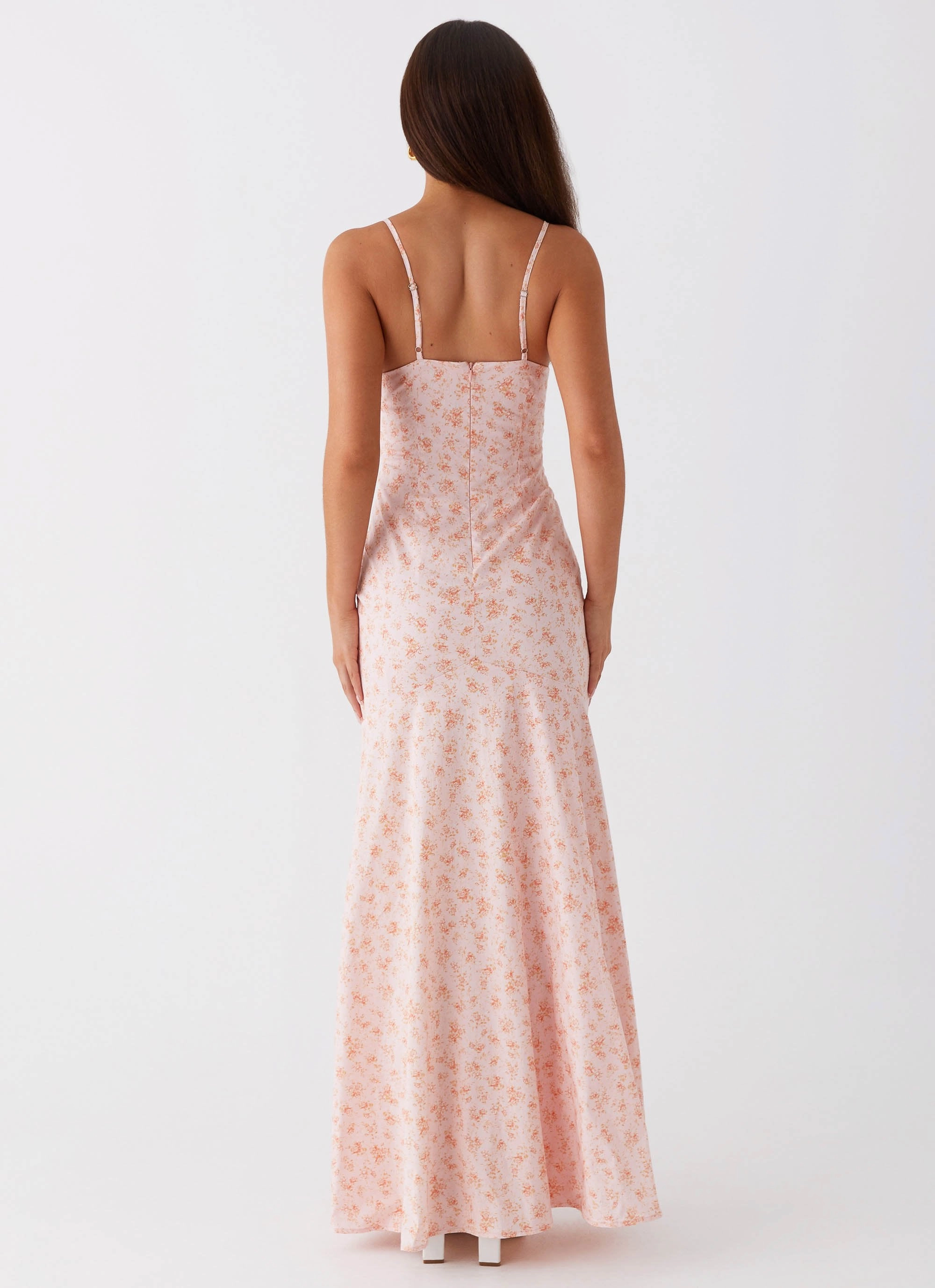 Britney Maxi Dress - Pink Ditsy Floral Flattering Waist Design Sophisticated Touch