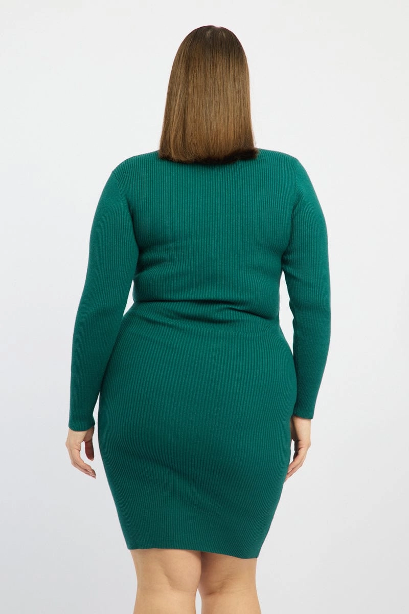 Blue Midi Knit Bodycon Dress V-neck Long Sleeve Fashion Forward Multi Season