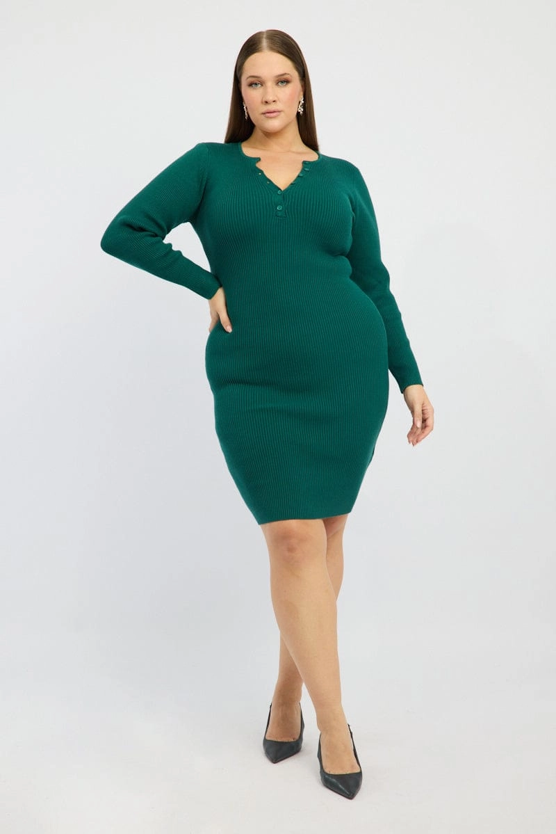 Sleek Feel Fit Clean Blue Midi Knit Bodycon Dress V-neck Long Sleeve