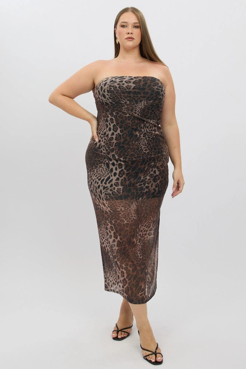 Smocked-Detail Pleat-Front Brown Animal Print Mesh Strapless Bodycon Dress