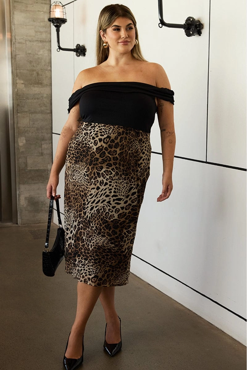High Cut understated look Brown Animal Print Midi Dress Off Shoulder
