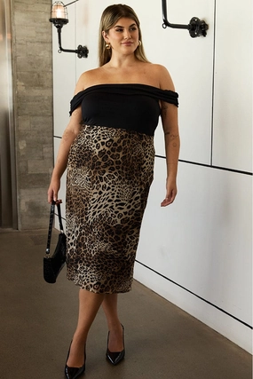 High Cut understated look Brown Animal Print Midi Dress Off Shoulder