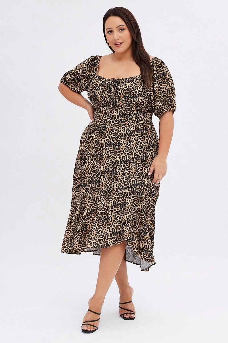 Brown Animal Print Midi Dress Short Sleeve Gathered Bust Built-In-Slip