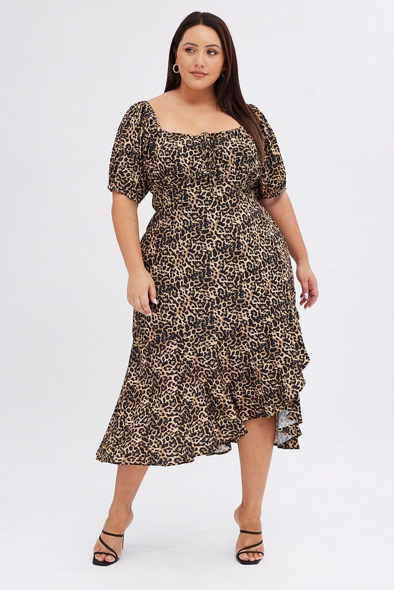 Slimming Shape Slim Touch Brown Animal Print Midi Dress Short Sleeve Gathered Bust