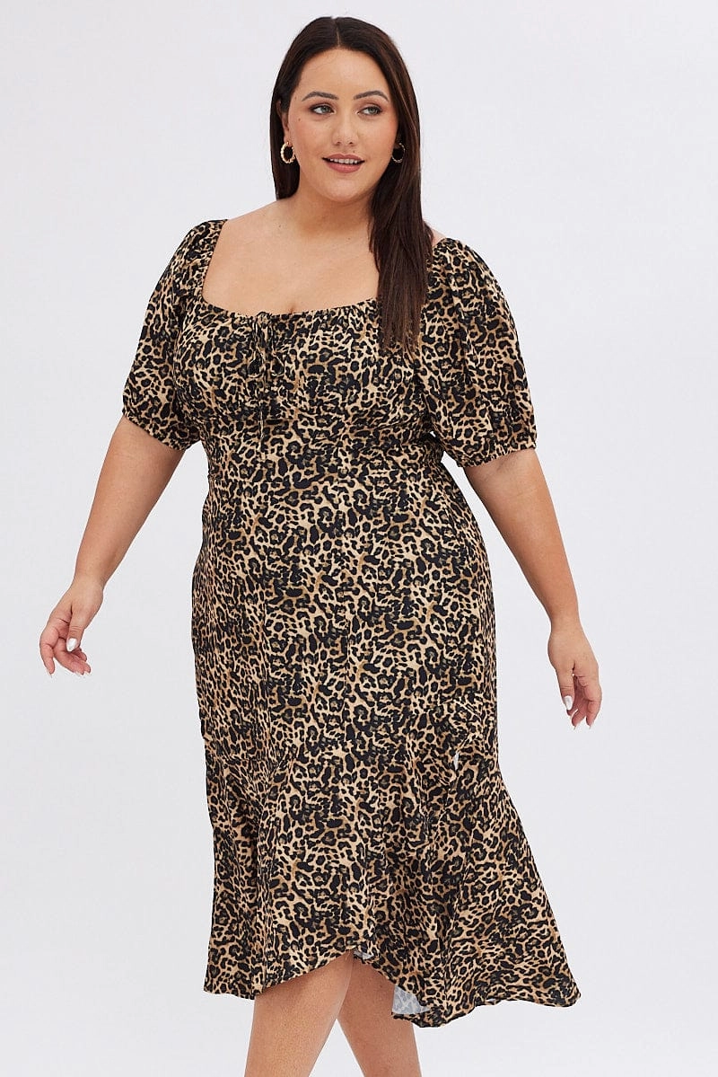 Cool Fabric Brown Animal Print Midi Dress Short Sleeve Gathered Bust