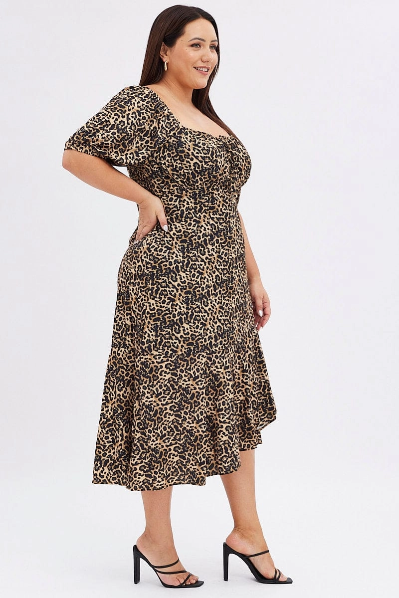 Brown Animal Print Midi Dress Short Sleeve Gathered Bust Chic and Stylish Quick Fit