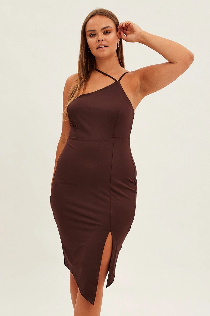 Stretch-Recovery sweet moment Brown Bodycon Dress One Shoulder Jersey