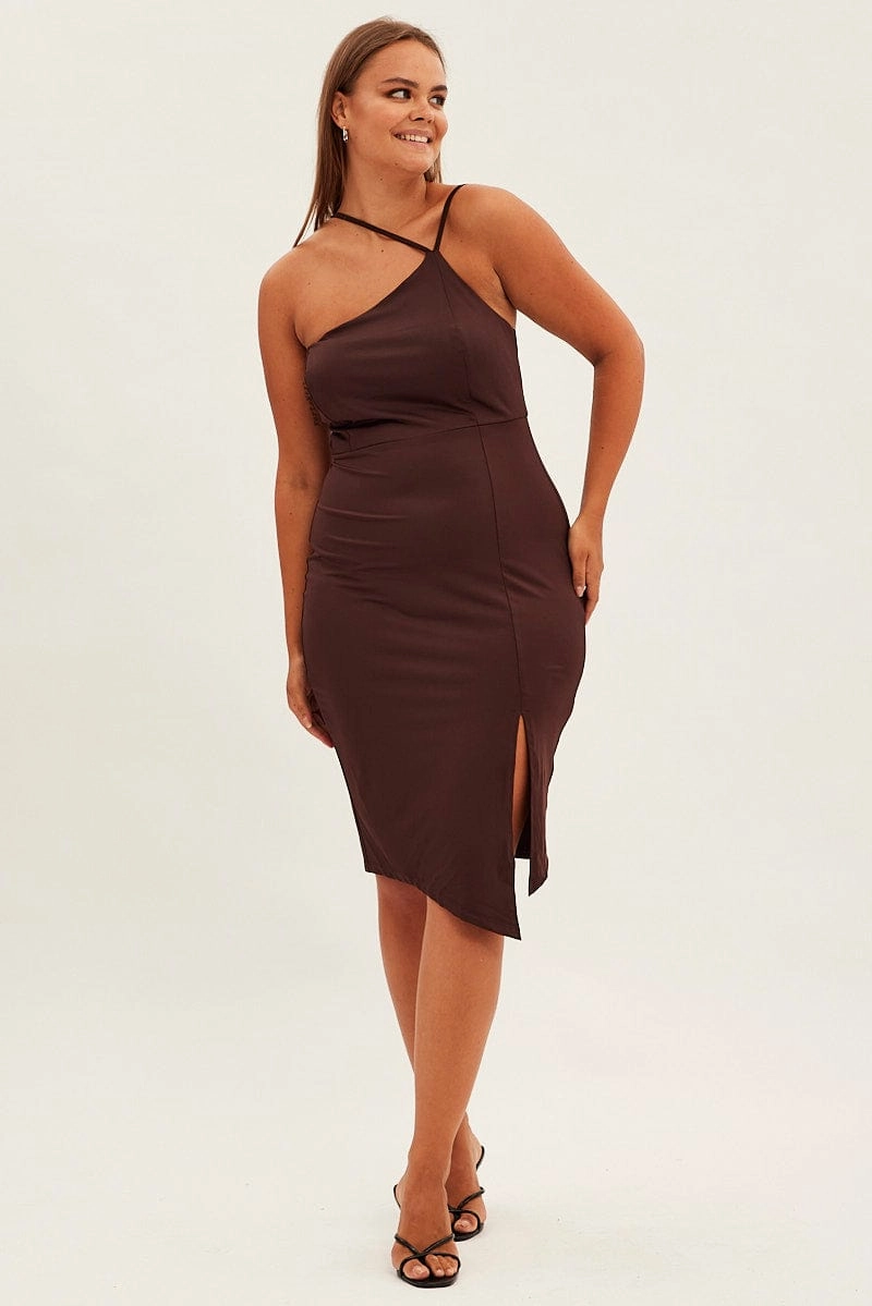 Breathable Feel Easy Drape Brown Bodycon Dress One Shoulder Jersey