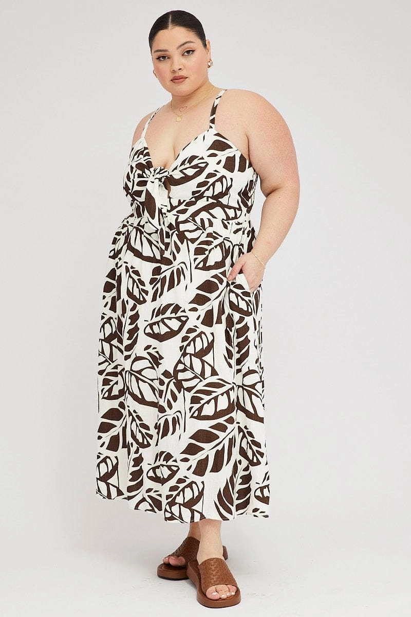 Balanced Look Brown Floral Midi Dress Linen Blend Sleeveless Pocket Front