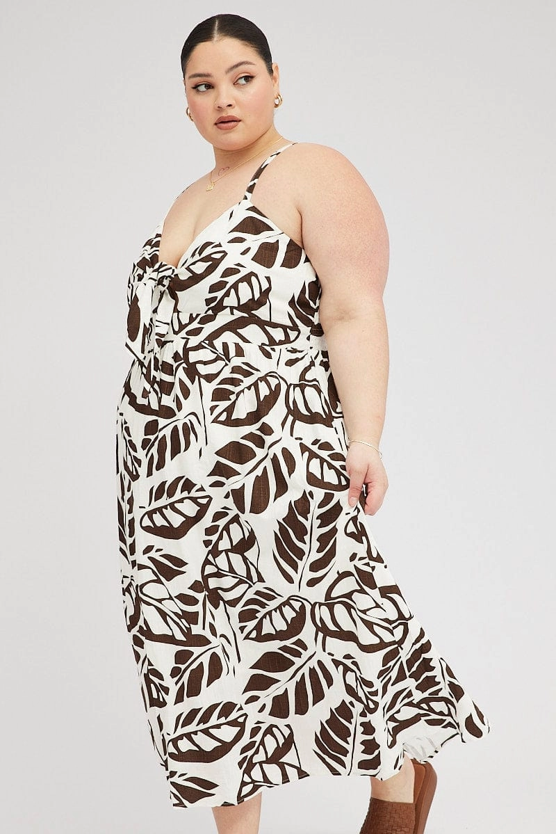 Brown Floral Midi Dress Linen Blend Sleeveless Pocket Front Petite Chic Minimal Comfort