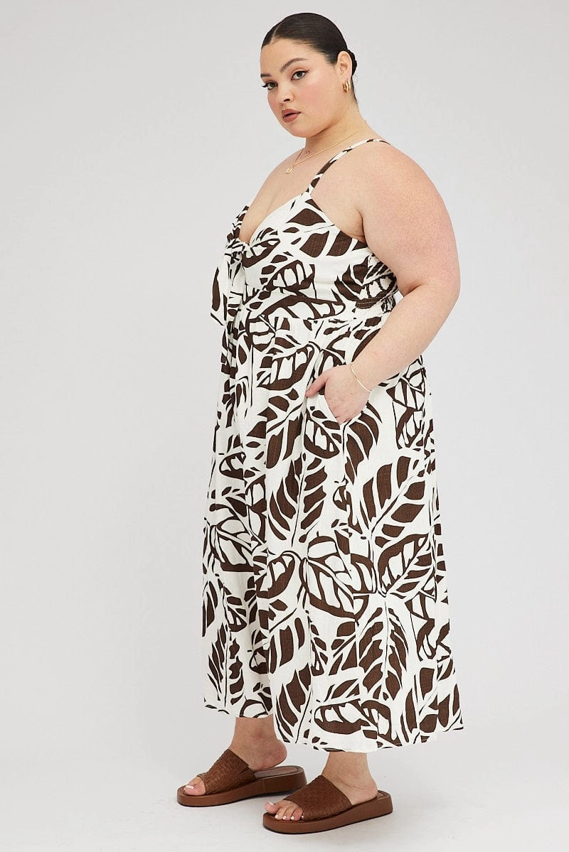 Brown Floral Midi Dress Linen Blend Sleeveless Pocket Front Leg-Lengthening