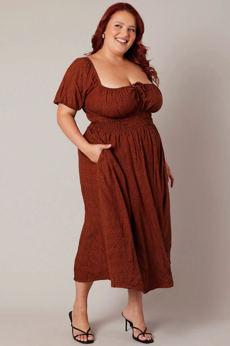 Brown Geo Midi Dress Short Sleeve Ruched Bust Summer Air Weekend Feel