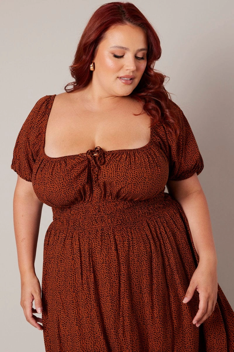 Brown Geo Midi Dress Short Sleeve Ruched Bust Flattering Shape Design Chic Motion