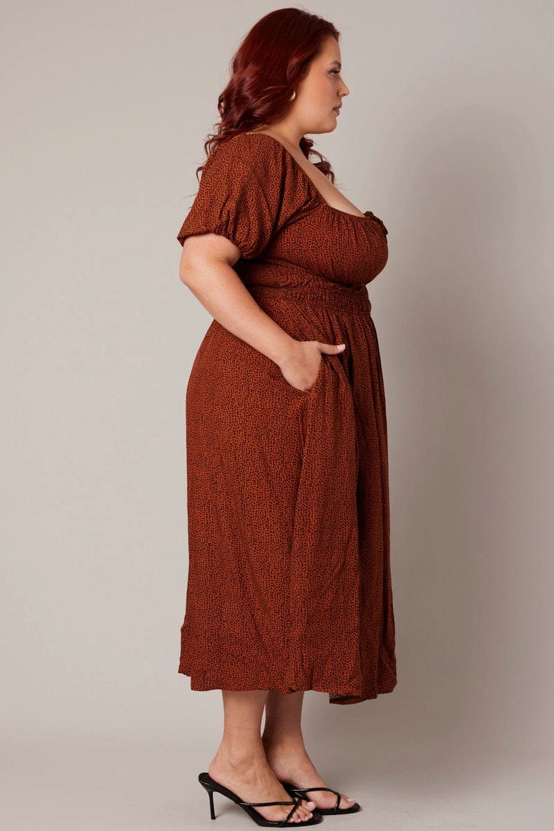 Brown Geo Midi Dress Short Sleeve Ruched Bust Satin-Finish