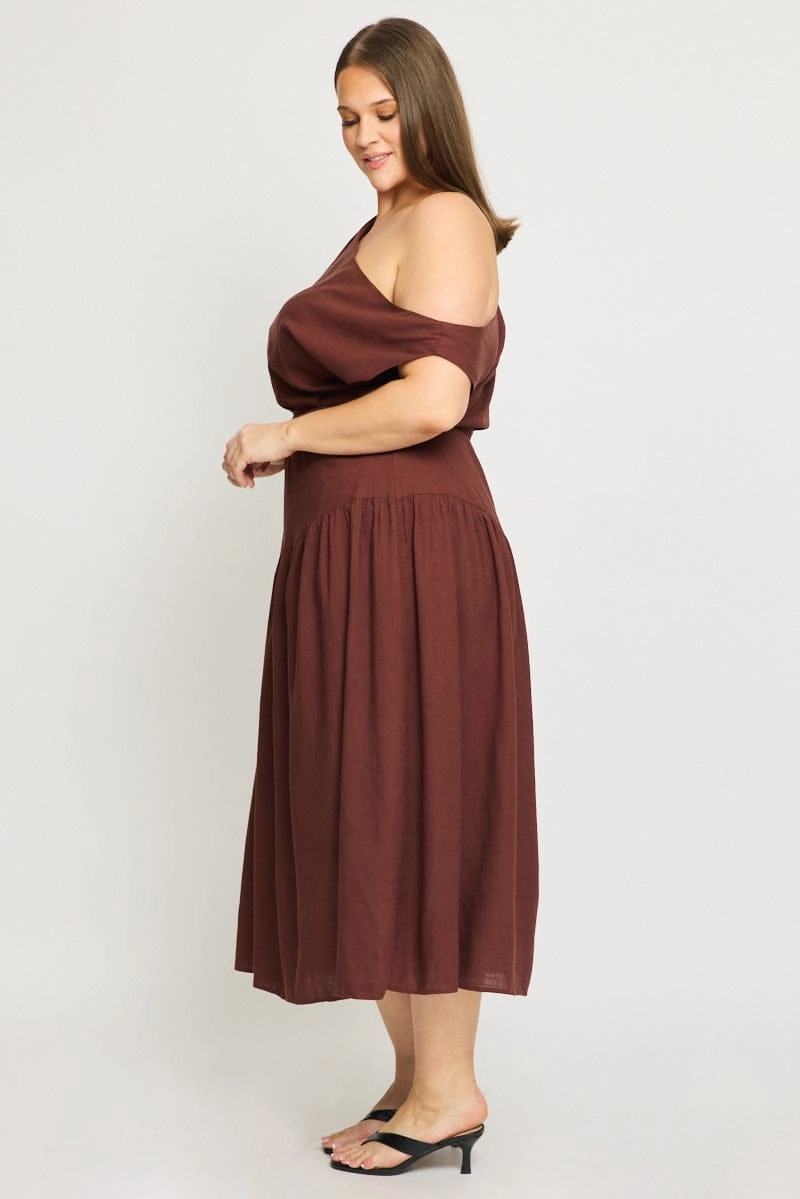 City Bright Brown Maxi Dress Short Sleeve Asymmetrical Shoulder