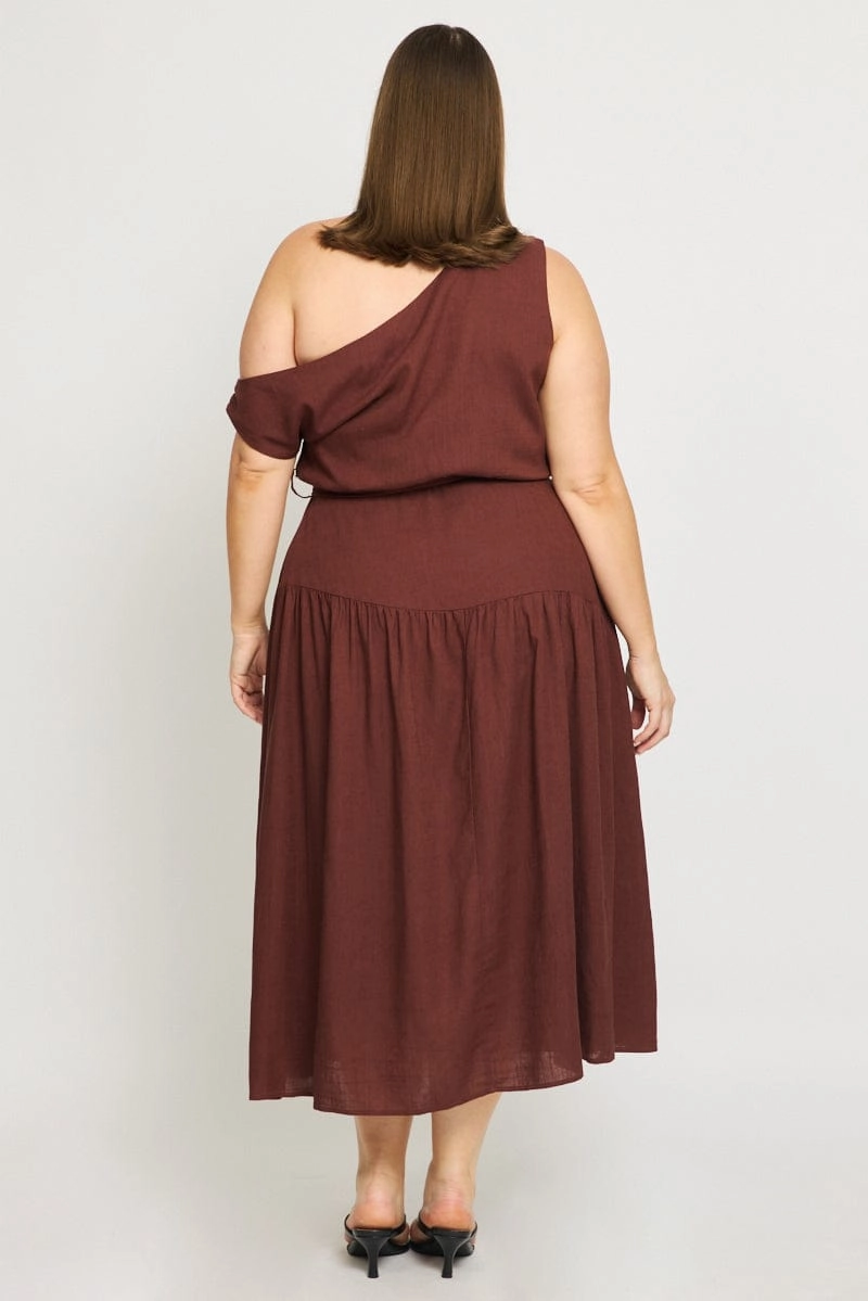 Sharp Edge Urban Touch Brown Maxi Dress Short Sleeve Asymmetrical Shoulder