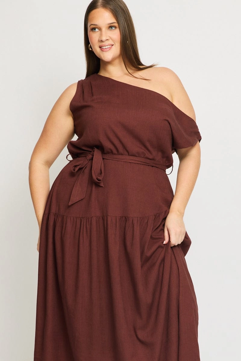 Delicate Lines Silky Silhouette Brown Maxi Dress Short Sleeve Asymmetrical Shoulder