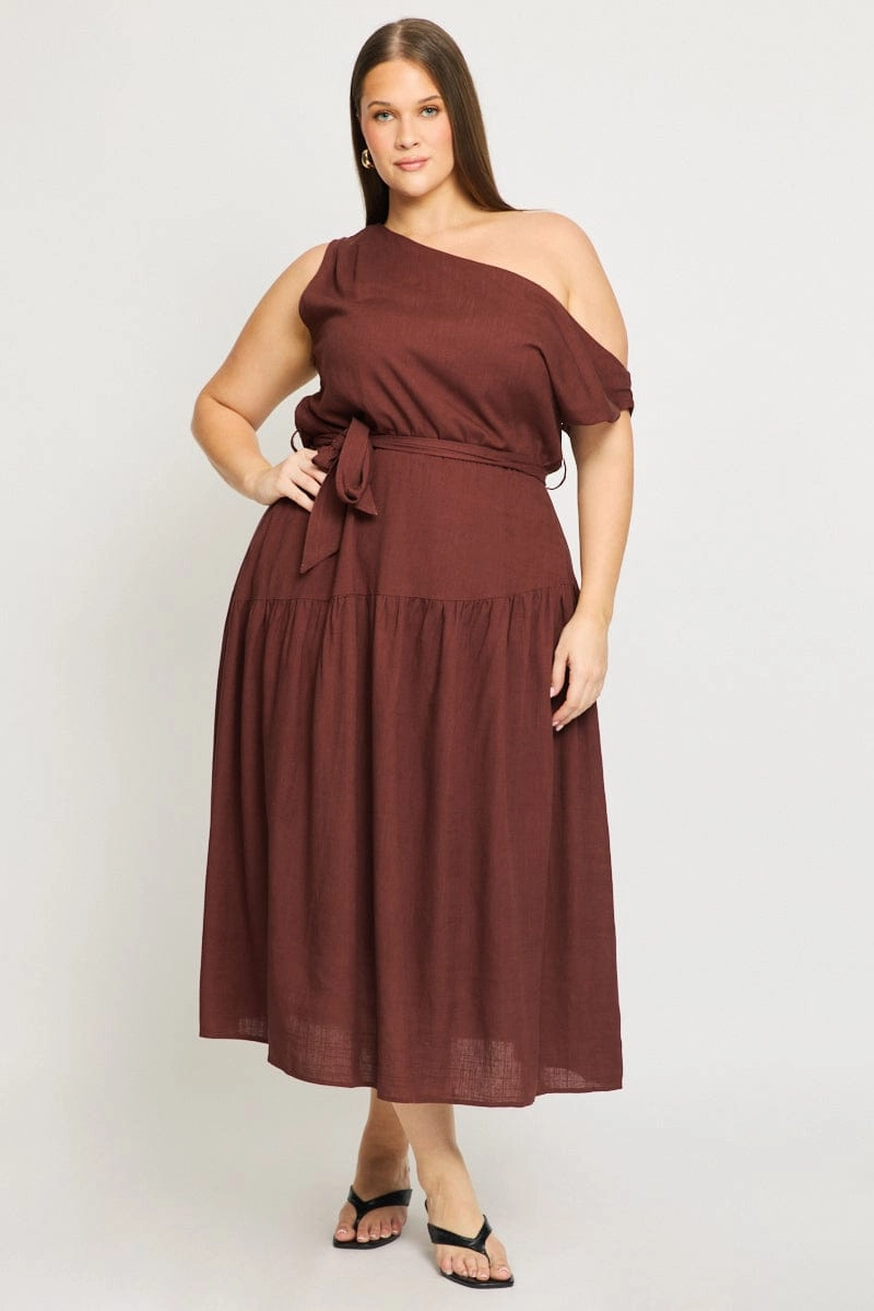 Fresh Texture Brown Maxi Dress Short Sleeve Asymmetrical Shoulder