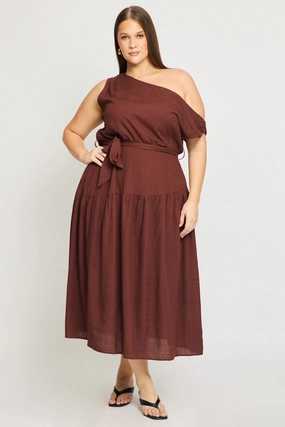 Fresh Texture Brown Maxi Dress Short Sleeve Asymmetrical Shoulder