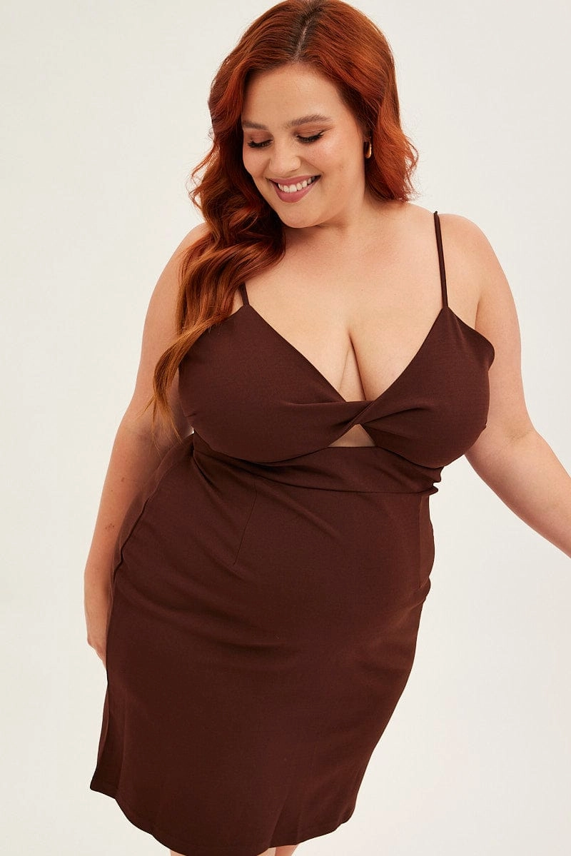 Brown Midi Dress Shoestring Strap Fitted Stretch Crepe Textured Look Fall Flow