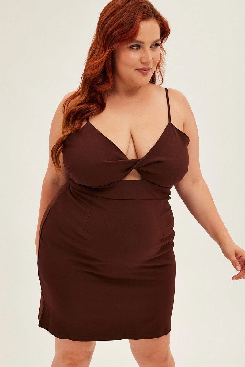 Elegant Look Fluid Fabric Brown Midi Dress Shoestring Strap Fitted Stretch Crepe