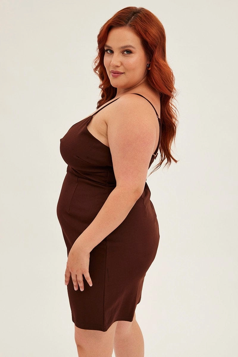 Brown Midi Dress Shoestring Strap Fitted Stretch Crepe Tasteful Detail