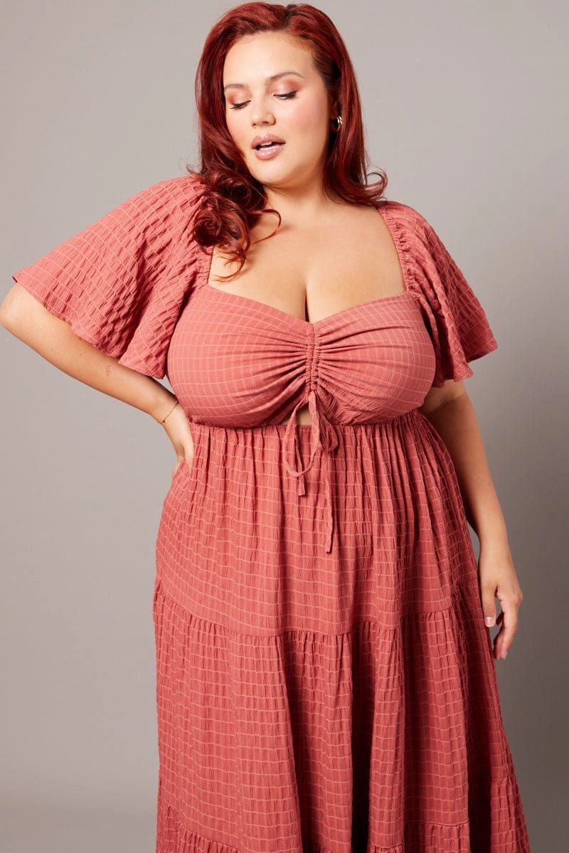 Street Motion Brown Midi Dress Short Sleeve Textured