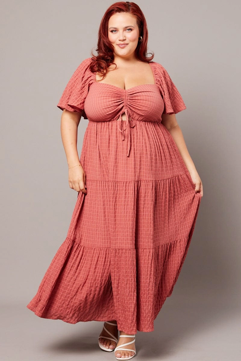 Brown Midi Dress Short Sleeve Textured Airy Drape