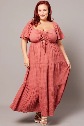 Brown Midi Dress Short Sleeve Textured Airy Drape