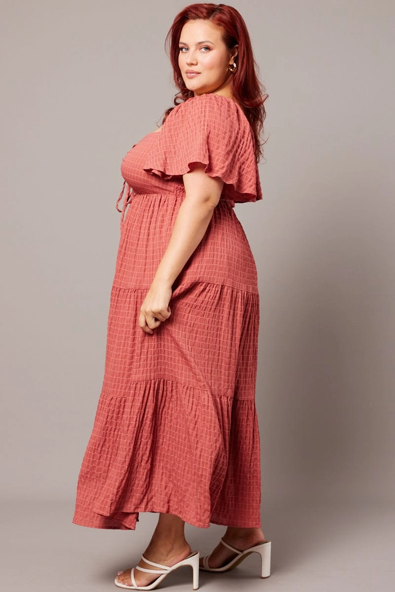 Garden-Party Brown Midi Dress Short Sleeve Textured