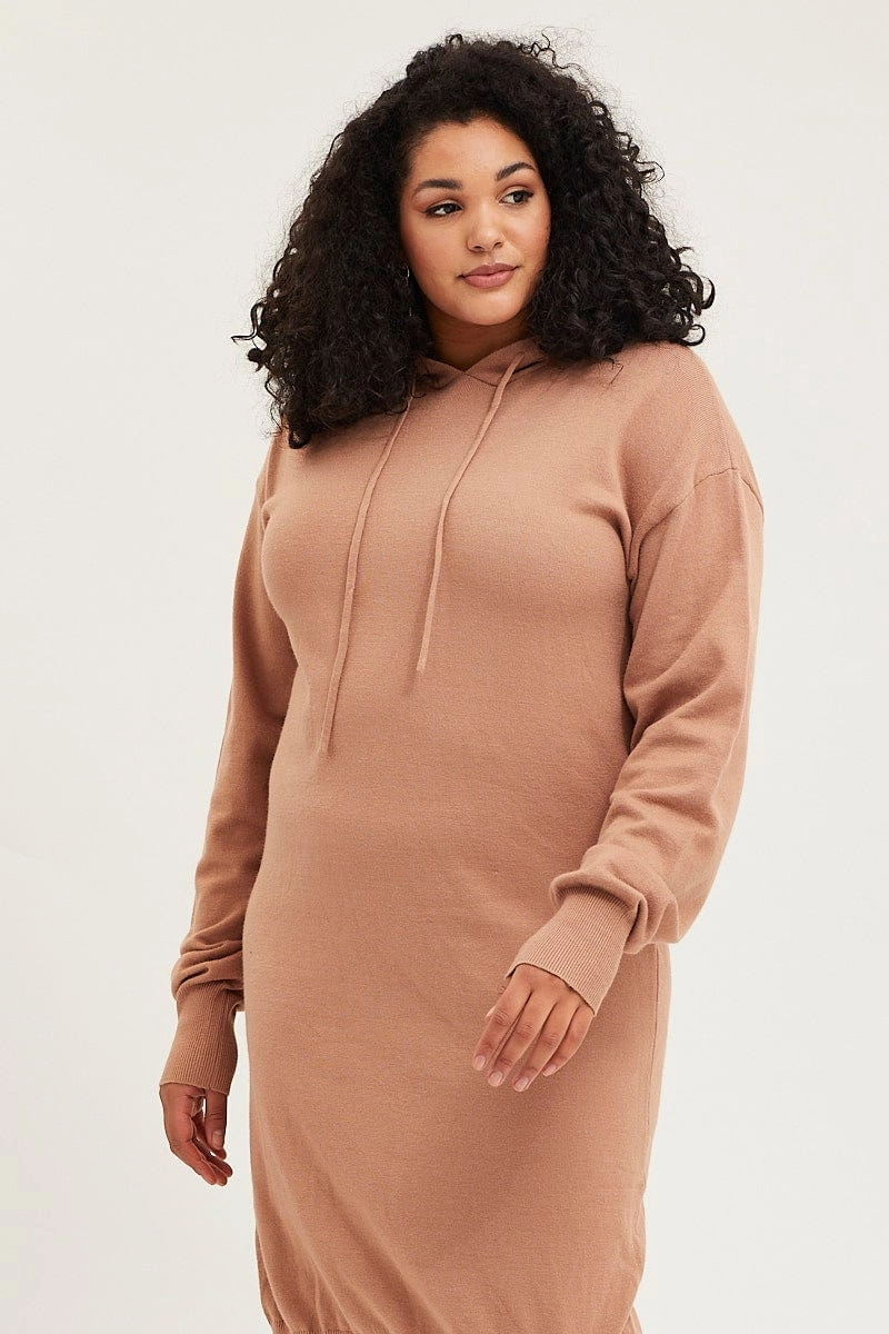 Brown Plus Long Sleeve Hoodie Knit Dress Gentle Texture